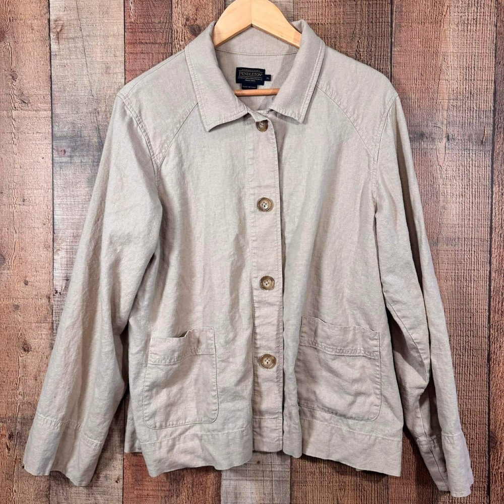 Pendleton XL Tan Linen Blend Button Front Chore Jacket Lagenlook Utility Womens